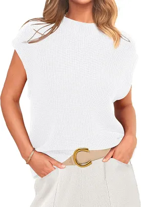 PRETTYGARDEN Womens Mock Neck Sleeveless Sweater Vest 2025 Summer Casual Fall Short Cap Sleeve Knit Ribbed Pullover Tank Tops