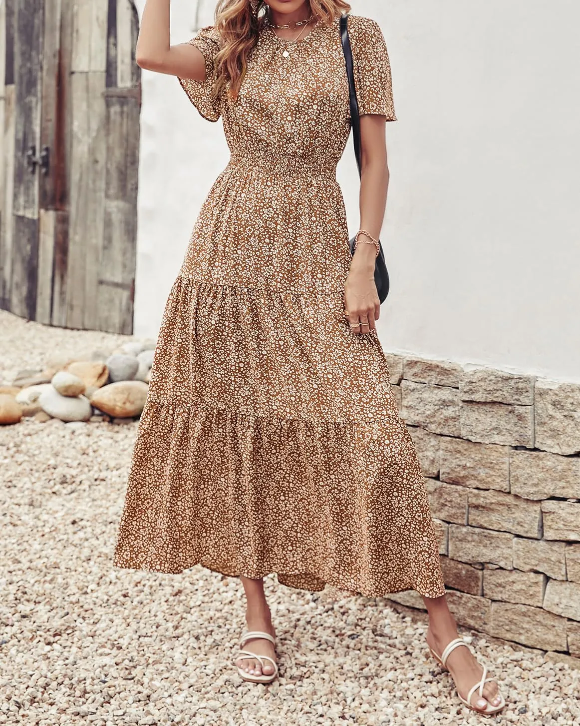 PRETTYGARDEN Women's Summer Casual Short Flutter Sleeve Round Neck Smocked Waist Tiered Boho Floral Flowy Maxi Dress