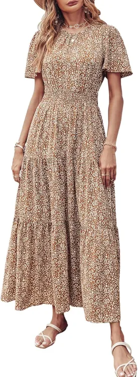PRETTYGARDEN Women's Summer Casual Short Flutter Sleeve Round Neck Smocked Waist Tiered Boho Floral Flowy Maxi Dress