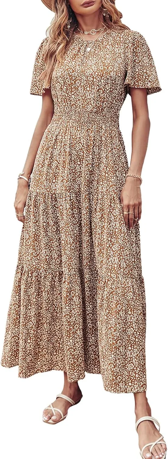 PRETTYGARDEN Women's Summer Casual Short Flutter Sleeve Round Neck Smocked Waist Tiered Boho Floral Flowy Maxi Dress