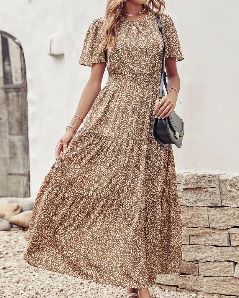 PRETTYGARDEN Women's Summer Casual Short Flutter Sleeve Round Neck Smocked Waist Tiered Boho Floral Flowy Maxi Dress