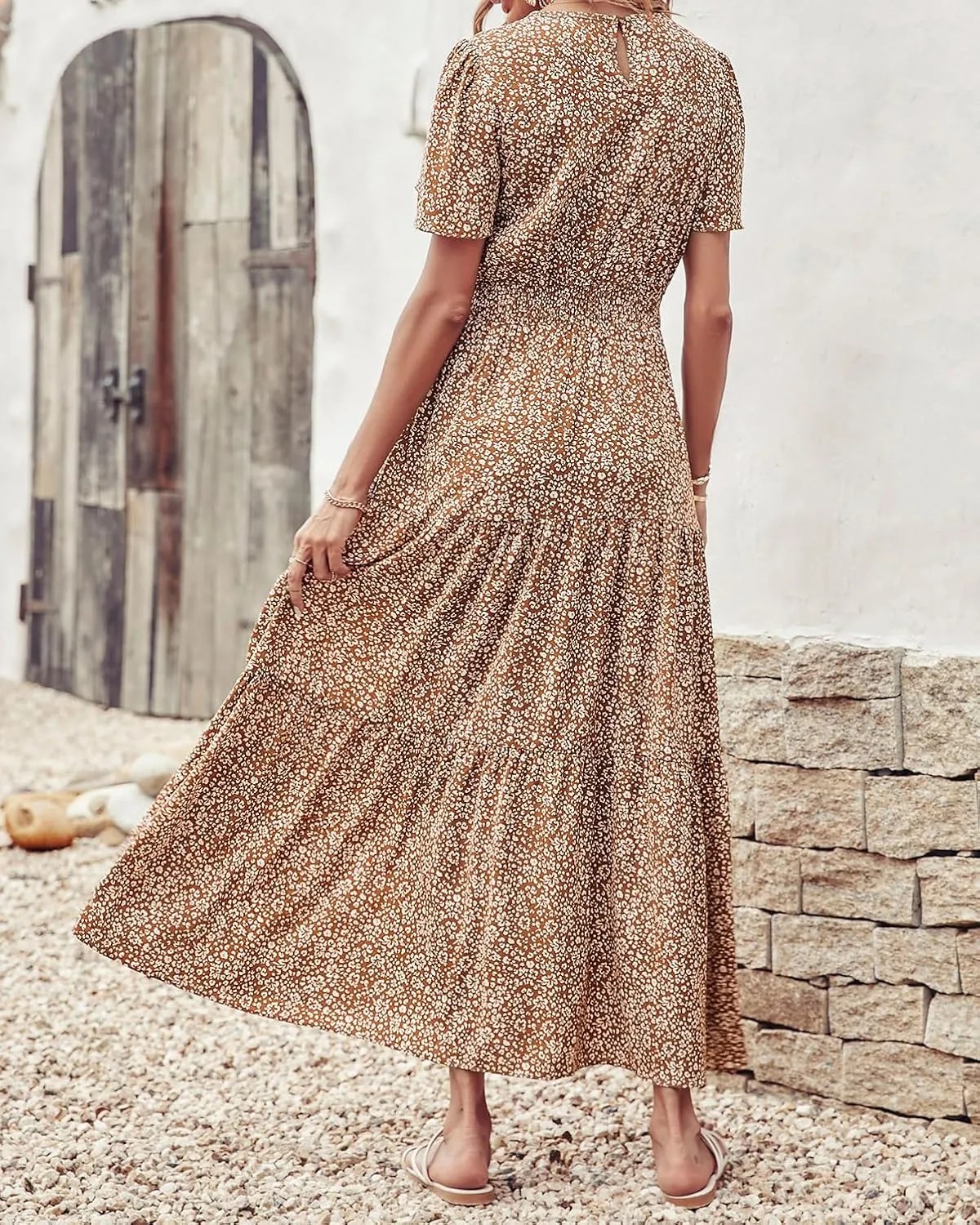 PRETTYGARDEN Women's Summer Casual Short Flutter Sleeve Round Neck Smocked Waist Tiered Boho Floral Flowy Maxi Dress