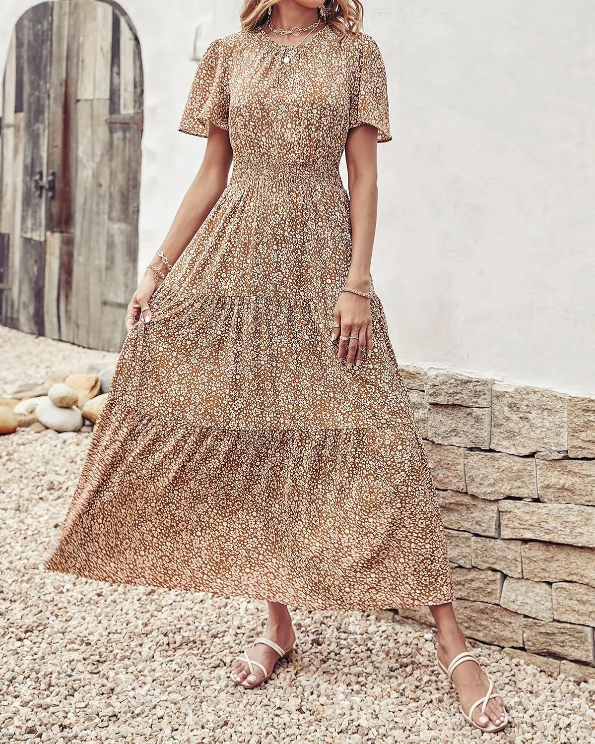 PRETTYGARDEN Women's Summer Casual Short Flutter Sleeve Round Neck Smocked Waist Tiered Boho Floral Flowy Maxi Dress