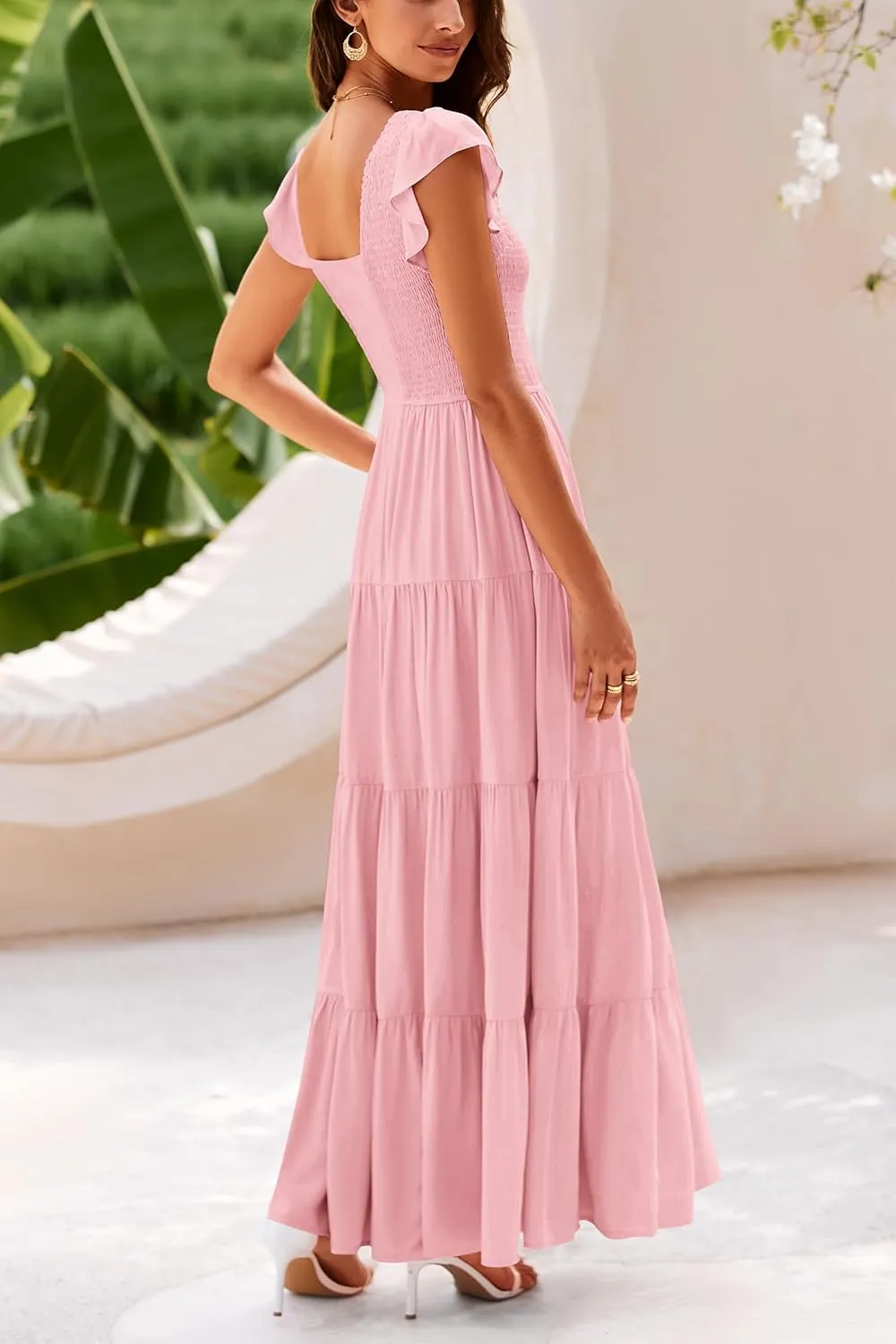 PRETTYGARDEN Women's Summer Flowy Maxi Dress Casual Cap Sleeve V Neck Smocked Beach Sundress