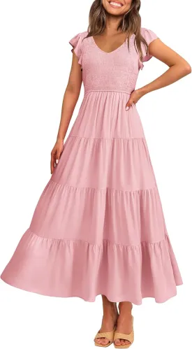PRETTYGARDEN Women's Summer Flowy Maxi Dress Casual Cap Sleeve V Neck Smocked Beach Sundress