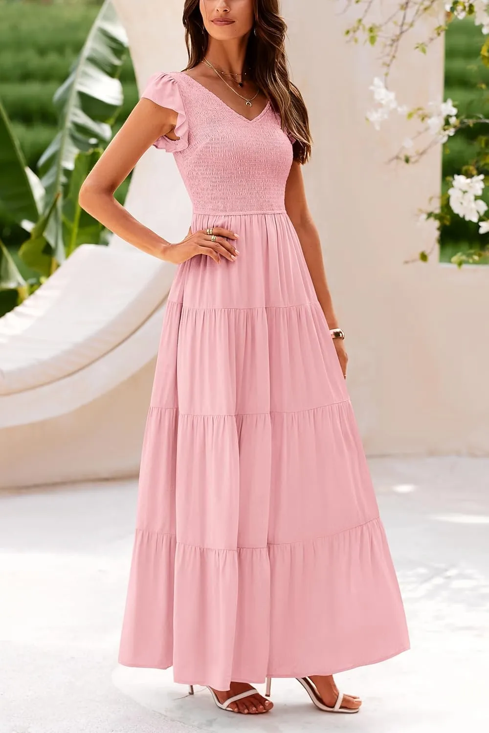 PRETTYGARDEN Women's Summer Flowy Maxi Dress Casual Cap Sleeve V Neck Smocked Beach Sundress