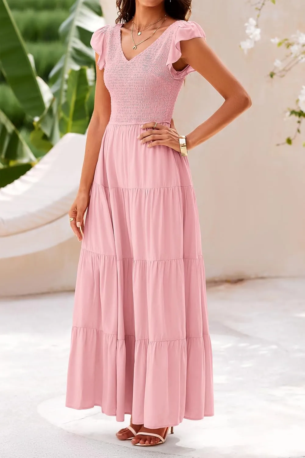 PRETTYGARDEN Women's Summer Flowy Maxi Dress Casual Cap Sleeve V Neck Smocked Beach Sundress