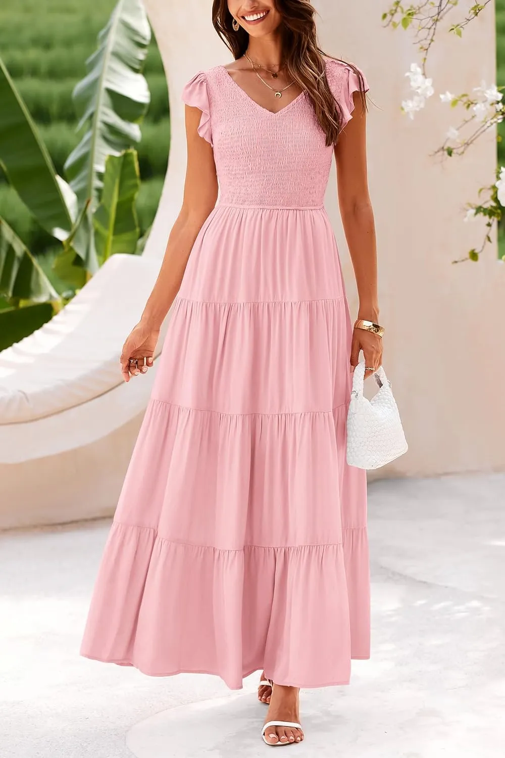 PRETTYGARDEN Women's Summer Flowy Maxi Dress Casual Cap Sleeve V Neck Smocked Beach Sundress