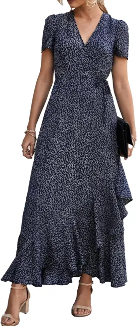PRETTYGARDEN Women's Summer Maxi Dress Casual Wrap Floral Boho Short Sleeve V Neck Split Ruffle Beach Long Dresses