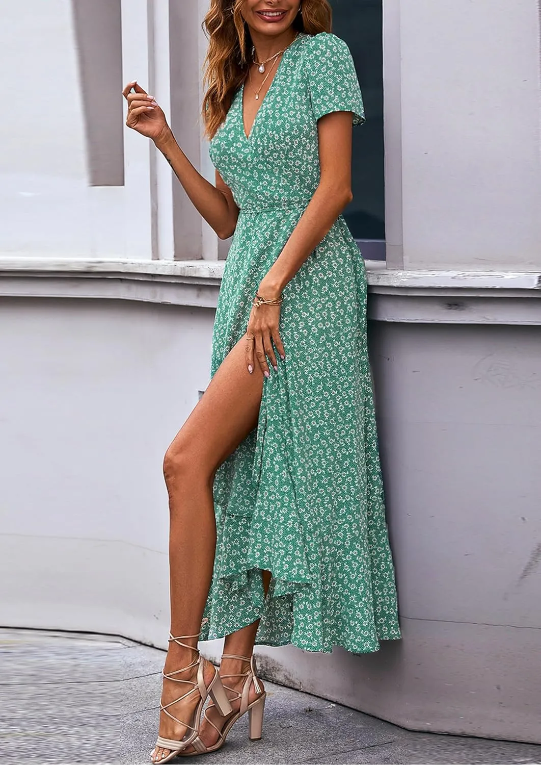 PRETTYGARDEN Women's Summer Maxi Dress Casual Wrap Floral Boho Short Sleeve V Neck Split Ruffle Beach Long Dresses