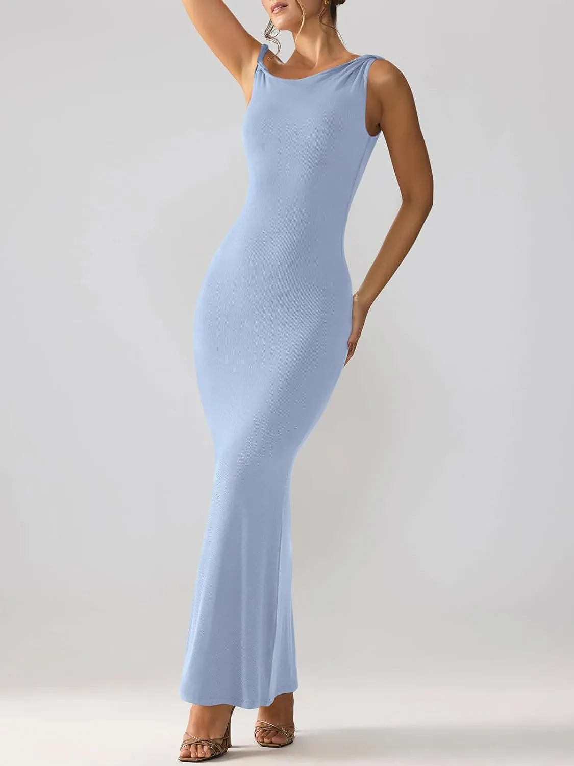 REORIA Women's Summer Sexy One Shoulder Formal Long Dress Wedding Guest Elegant Sleeveless Ribbed Bodycon Maxi Dresses