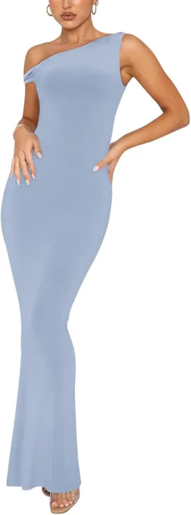REORIA Women's Summer Sexy One Shoulder Formal Long Dress Wedding Guest Elegant Sleeveless Ribbed Bodycon Maxi Dresses