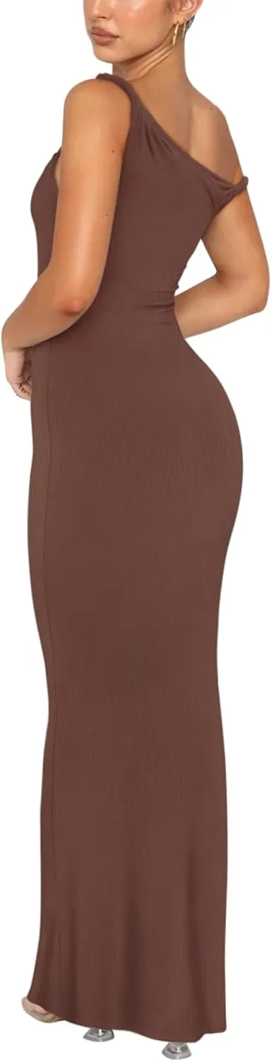 REORIA Women's Summer Sexy One Shoulder Formal Long Dress Wedding Guest Elegant Sleeveless Ribbed Bodycon Maxi Dresses