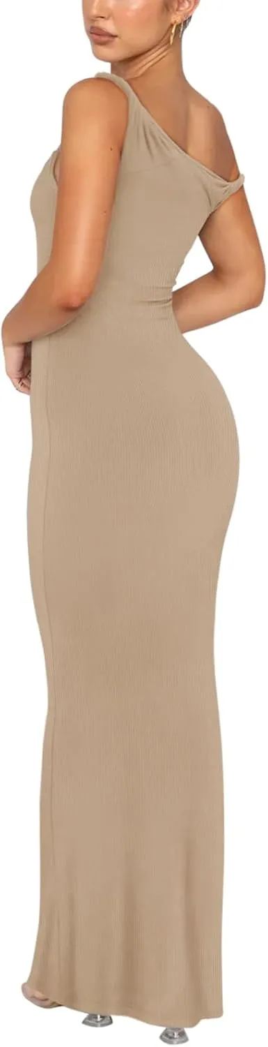 REORIA Women's Summer Sexy One Shoulder Formal Long Dress Wedding Guest Elegant Sleeveless Ribbed Bodycon Maxi Dresses