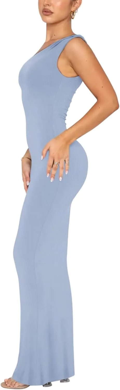 REORIA Women's Summer Sexy One Shoulder Formal Long Dress Wedding Guest Elegant Sleeveless Ribbed Bodycon Maxi Dresses
