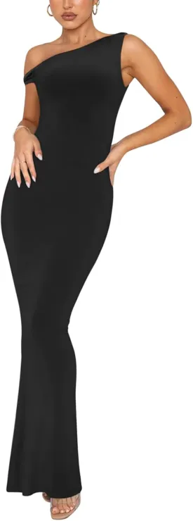 REORIA Women's Summer Sexy One Shoulder Formal Long Dress Wedding Guest Elegant Sleeveless Ribbed Bodycon Maxi Dresses