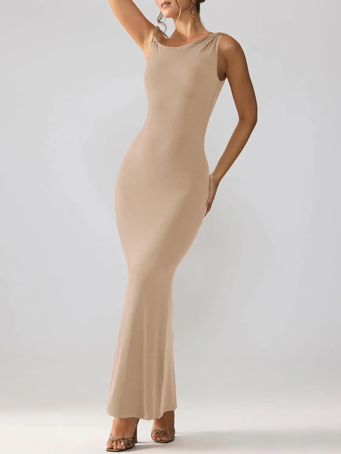 REORIA Women's Summer Sexy One Shoulder Formal Long Dress Wedding Guest Elegant Sleeveless Ribbed Bodycon Maxi Dresses
