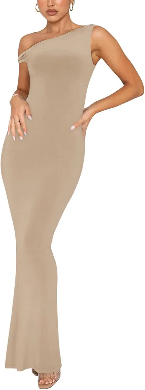 REORIA Women's Summer Sexy One Shoulder Formal Long Dress Wedding Guest Elegant Sleeveless Ribbed Bodycon Maxi Dresses