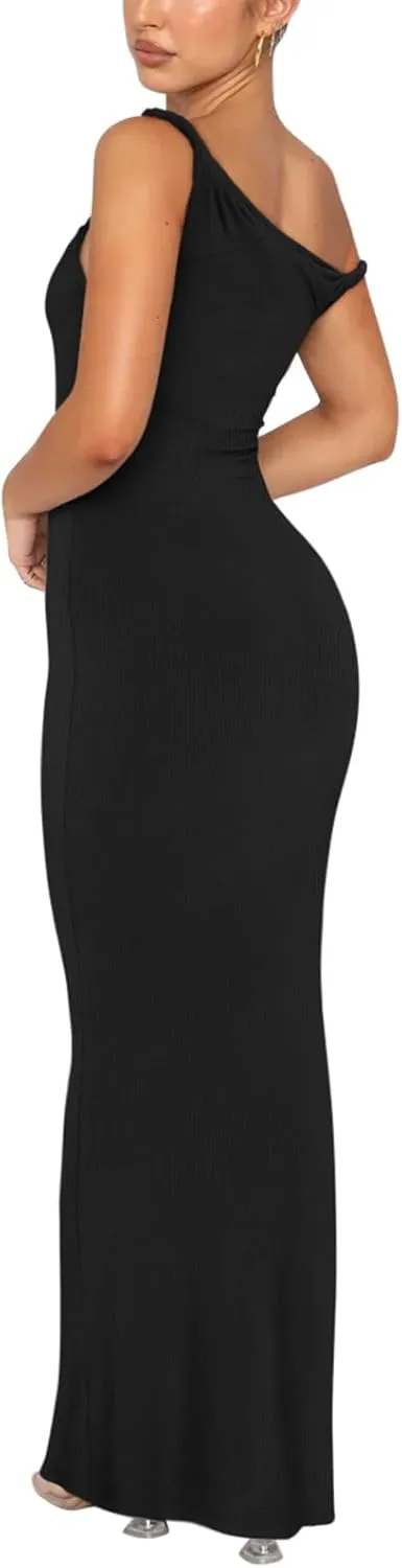 REORIA Women's Summer Sexy One Shoulder Formal Long Dress Wedding Guest Elegant Sleeveless Ribbed Bodycon Maxi Dresses