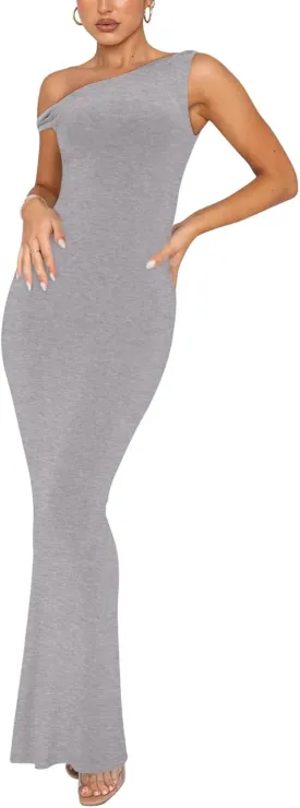 REORIA Women's Summer Sexy One Shoulder Formal Long Dress Wedding Guest Elegant Sleeveless Ribbed Bodycon Maxi Dresses