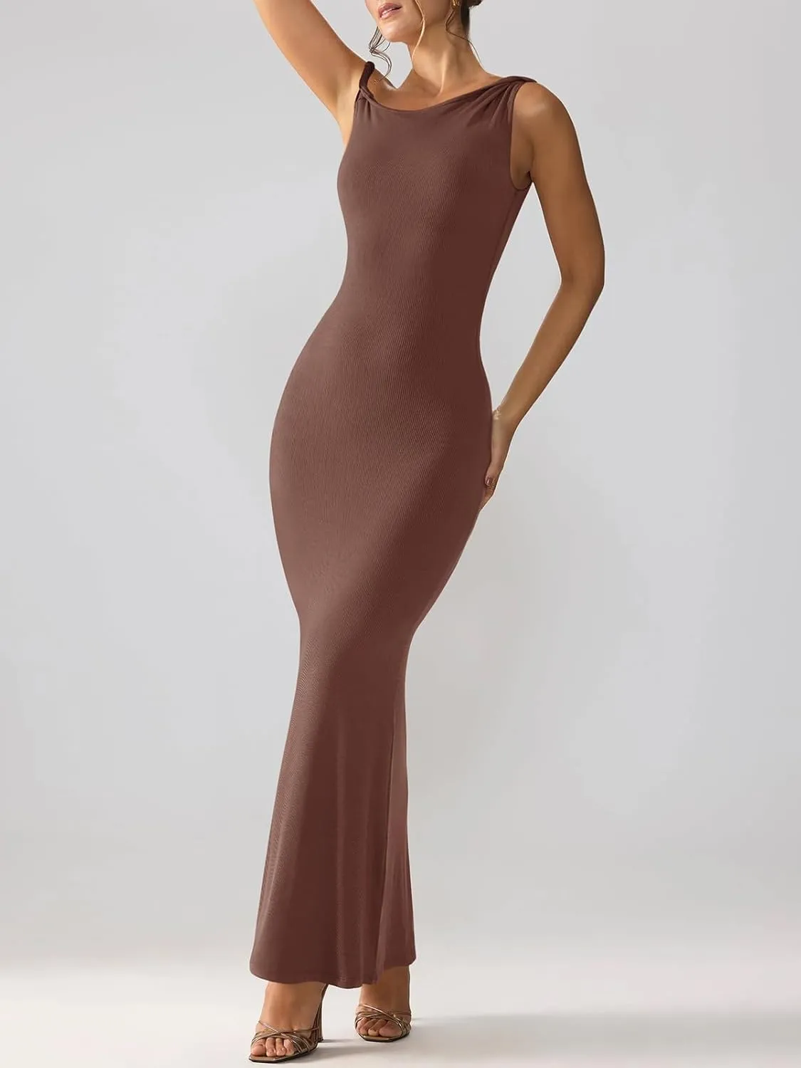REORIA Women's Summer Sexy One Shoulder Formal Long Dress Wedding Guest Elegant Sleeveless Ribbed Bodycon Maxi Dresses