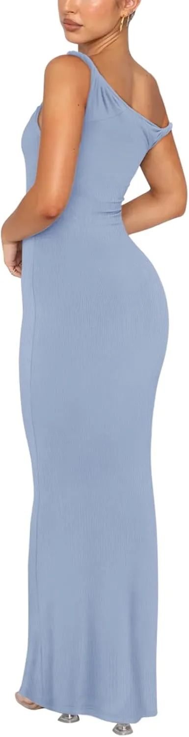 REORIA Women's Summer Sexy One Shoulder Formal Long Dress Wedding Guest Elegant Sleeveless Ribbed Bodycon Maxi Dresses