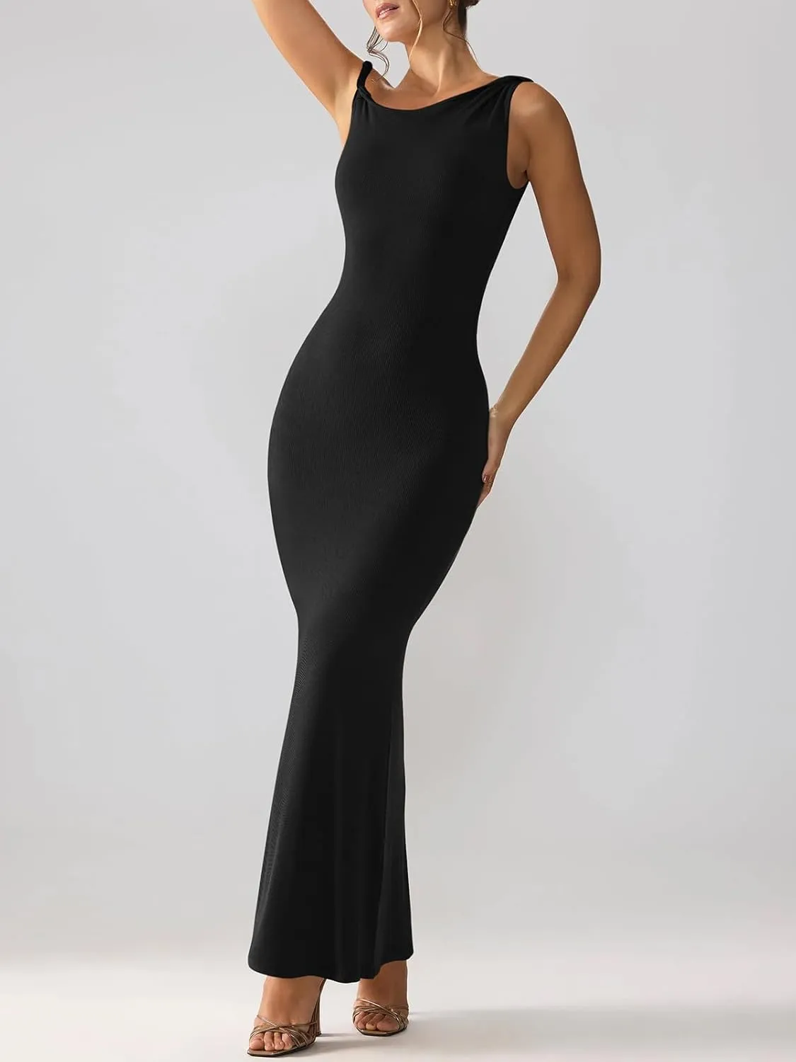 REORIA Women's Summer Sexy One Shoulder Formal Long Dress Wedding Guest Elegant Sleeveless Ribbed Bodycon Maxi Dresses