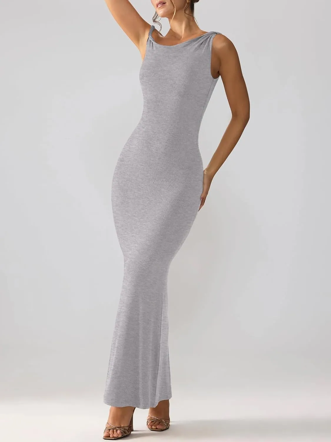 REORIA Women's Summer Sexy One Shoulder Formal Long Dress Wedding Guest Elegant Sleeveless Ribbed Bodycon Maxi Dresses