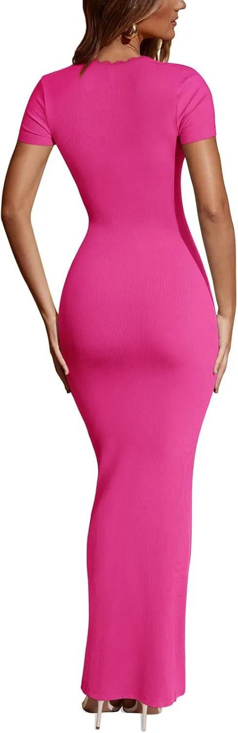 REORIA Womens Summer Square Neck Short Sleeve Long Dress Formal Wedding Guest Elegant Ribbed Bodycon Maxi Dresses