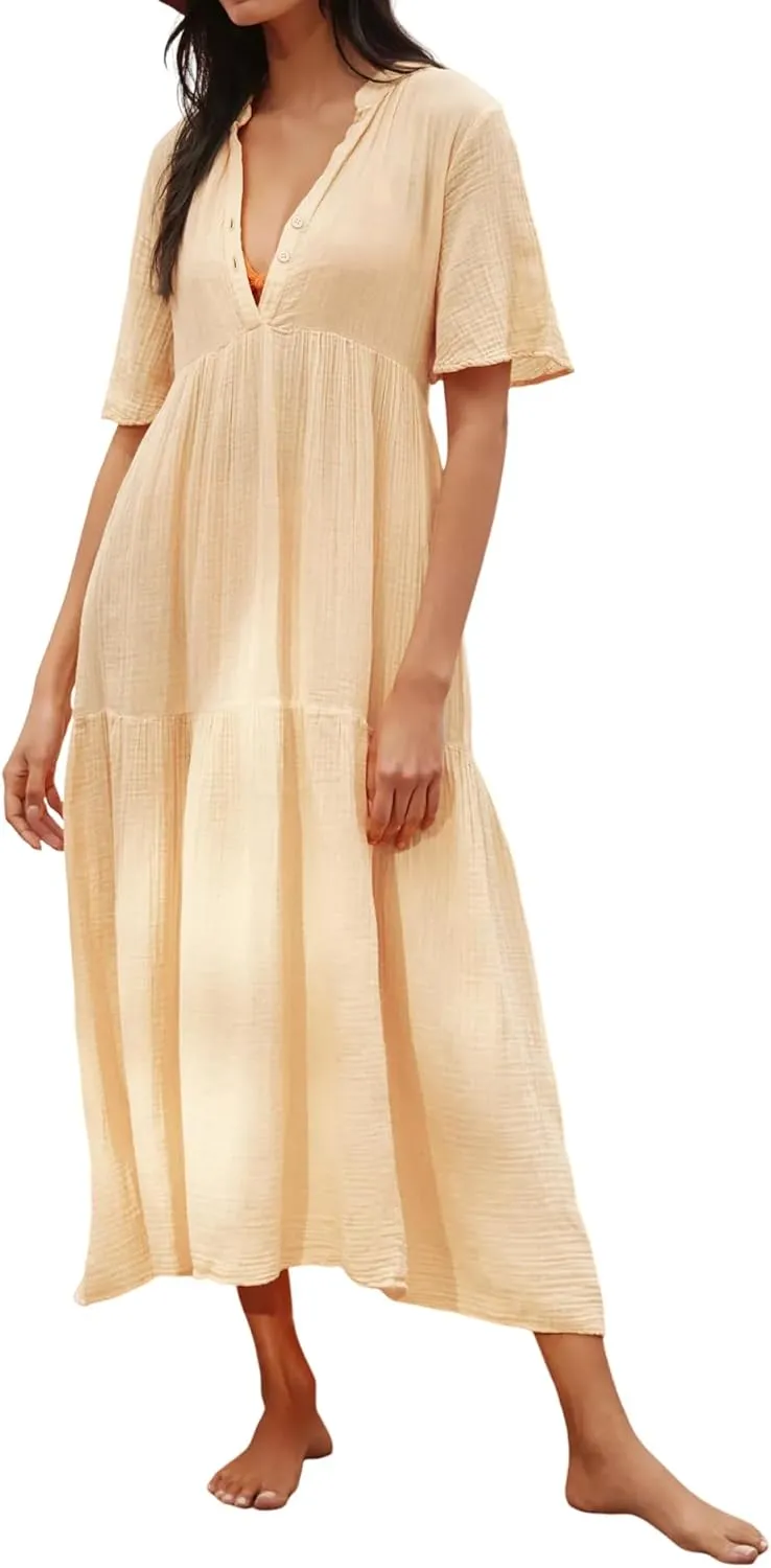 R.Vivimos Womens Summer Cotton Flowy Maxi Dress Short Sleeve V Neck Empire Waist Boho Tiered Ruffle Casual Loose Long Dresses