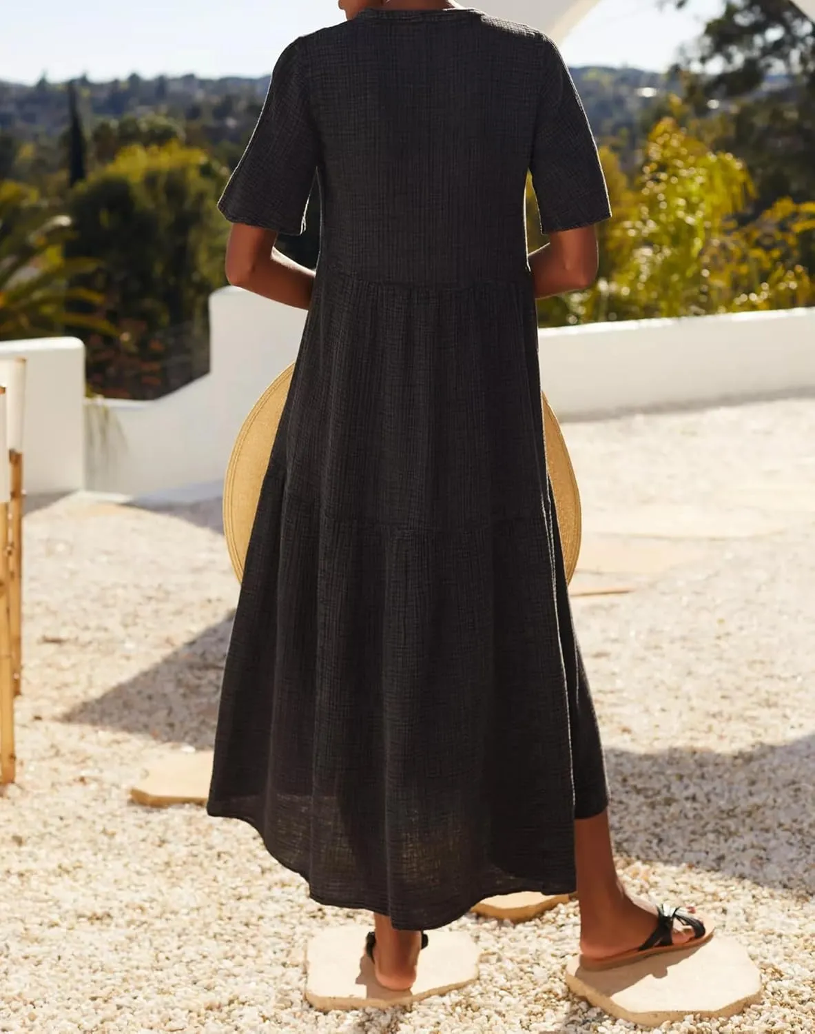 R.Vivimos Womens Summer Cotton Flowy Maxi Dress Short Sleeve V Neck Empire Waist Boho Tiered Ruffle Casual Loose Long Dresses
