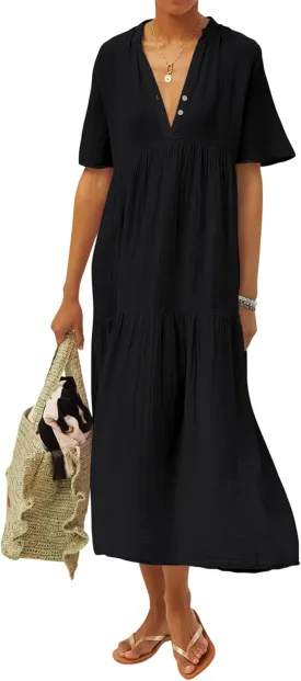 R.Vivimos Womens Summer Cotton Flowy Maxi Dress Short Sleeve V Neck Empire Waist Boho Tiered Ruffle Casual Loose Long Dresses