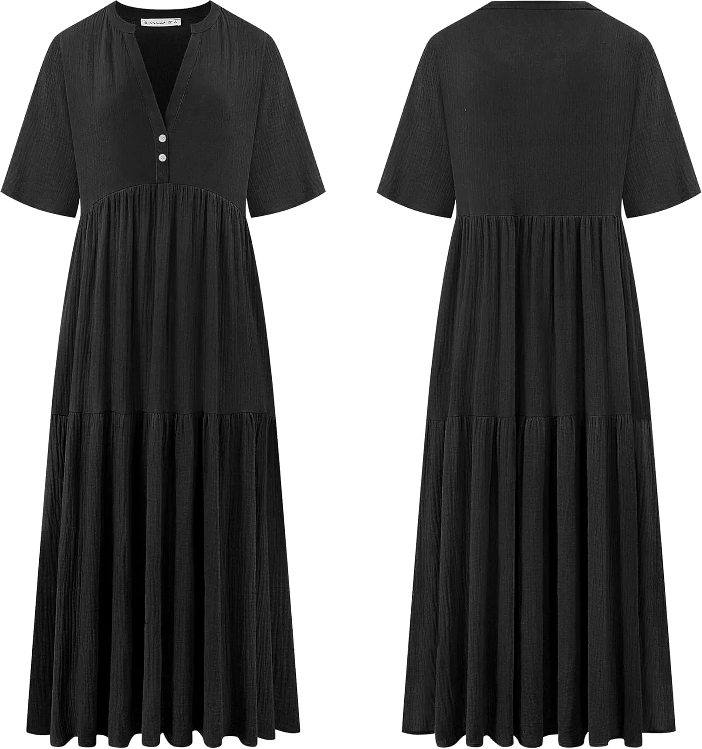 R.Vivimos Womens Summer Cotton Flowy Maxi Dress Short Sleeve V Neck Empire Waist Boho Tiered Ruffle Casual Loose Long Dresses