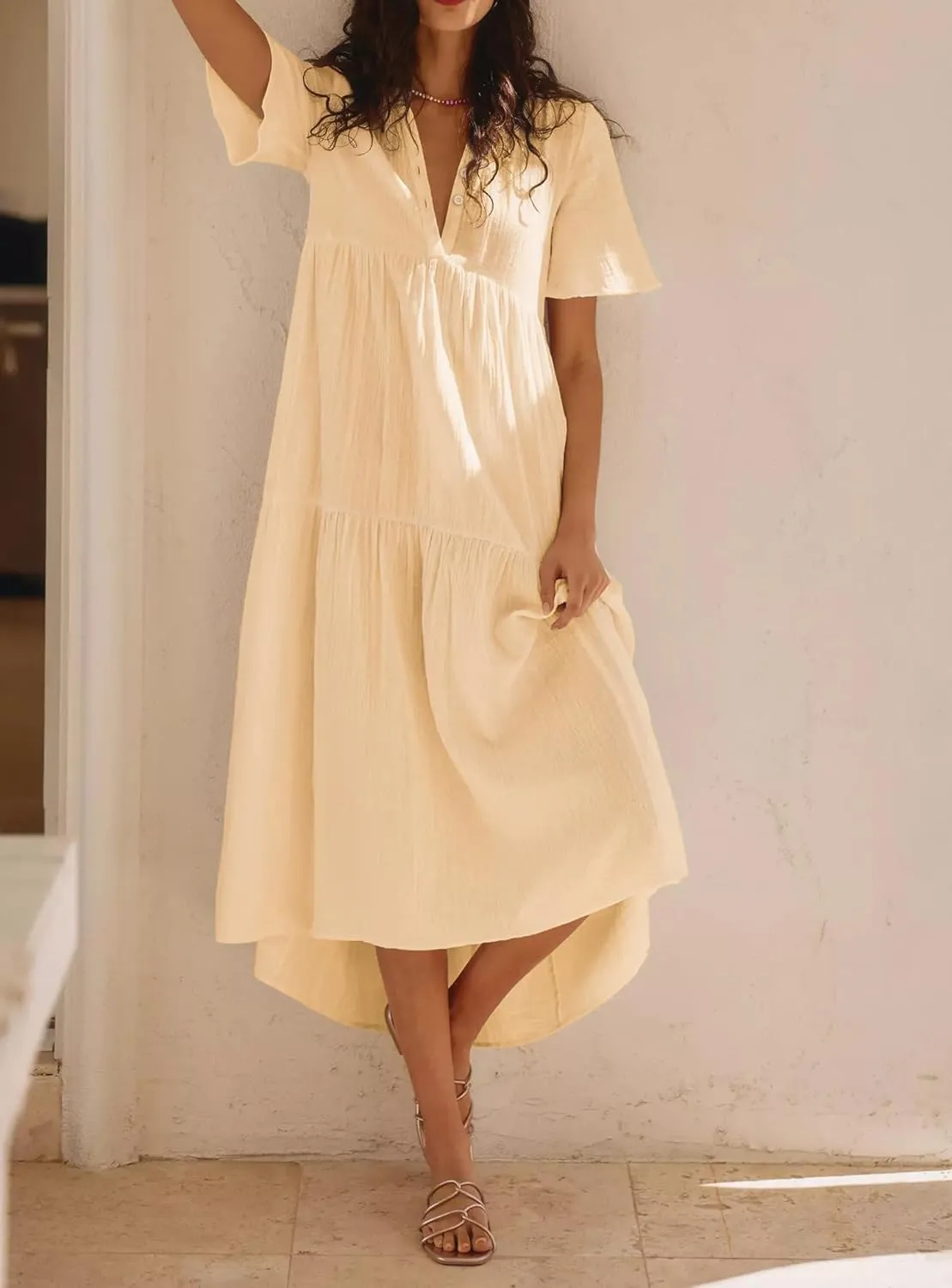 R.Vivimos Womens Summer Cotton Flowy Maxi Dress Short Sleeve V Neck Empire Waist Boho Tiered Ruffle Casual Loose Long Dresses