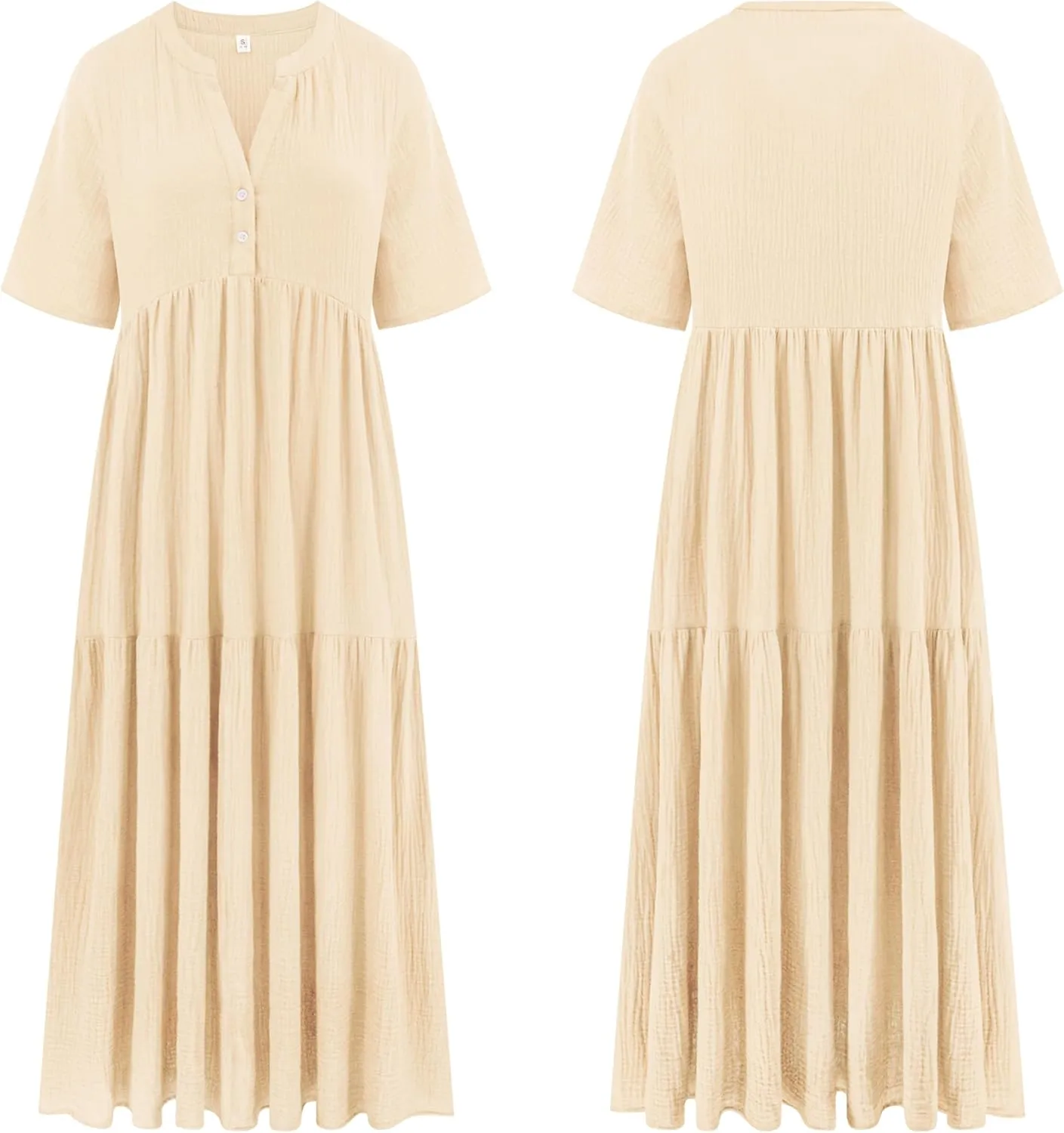 R.Vivimos Womens Summer Cotton Flowy Maxi Dress Short Sleeve V Neck Empire Waist Boho Tiered Ruffle Casual Loose Long Dresses
