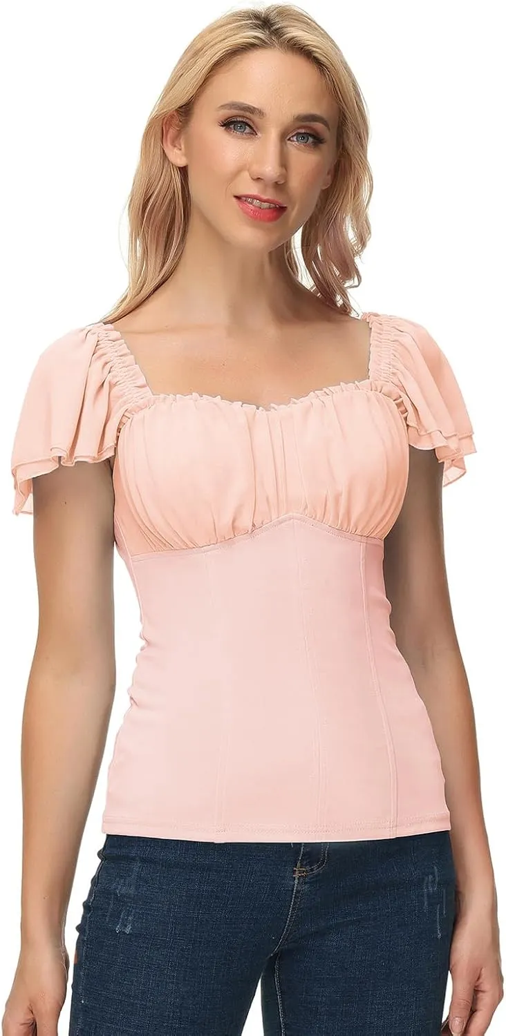 Scarlet Darkness Women Renaissance Shirt Off Shoulder Flutter Short Sleeve Top Summer Square Neck Peasant Blouse
