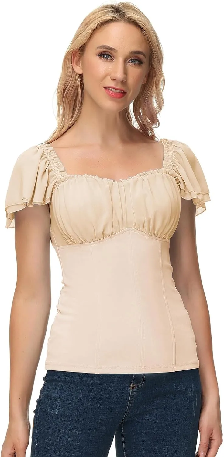 Scarlet Darkness Women Renaissance Shirt Off Shoulder Flutter Short Sleeve Top Summer Square Neck Peasant Blouse