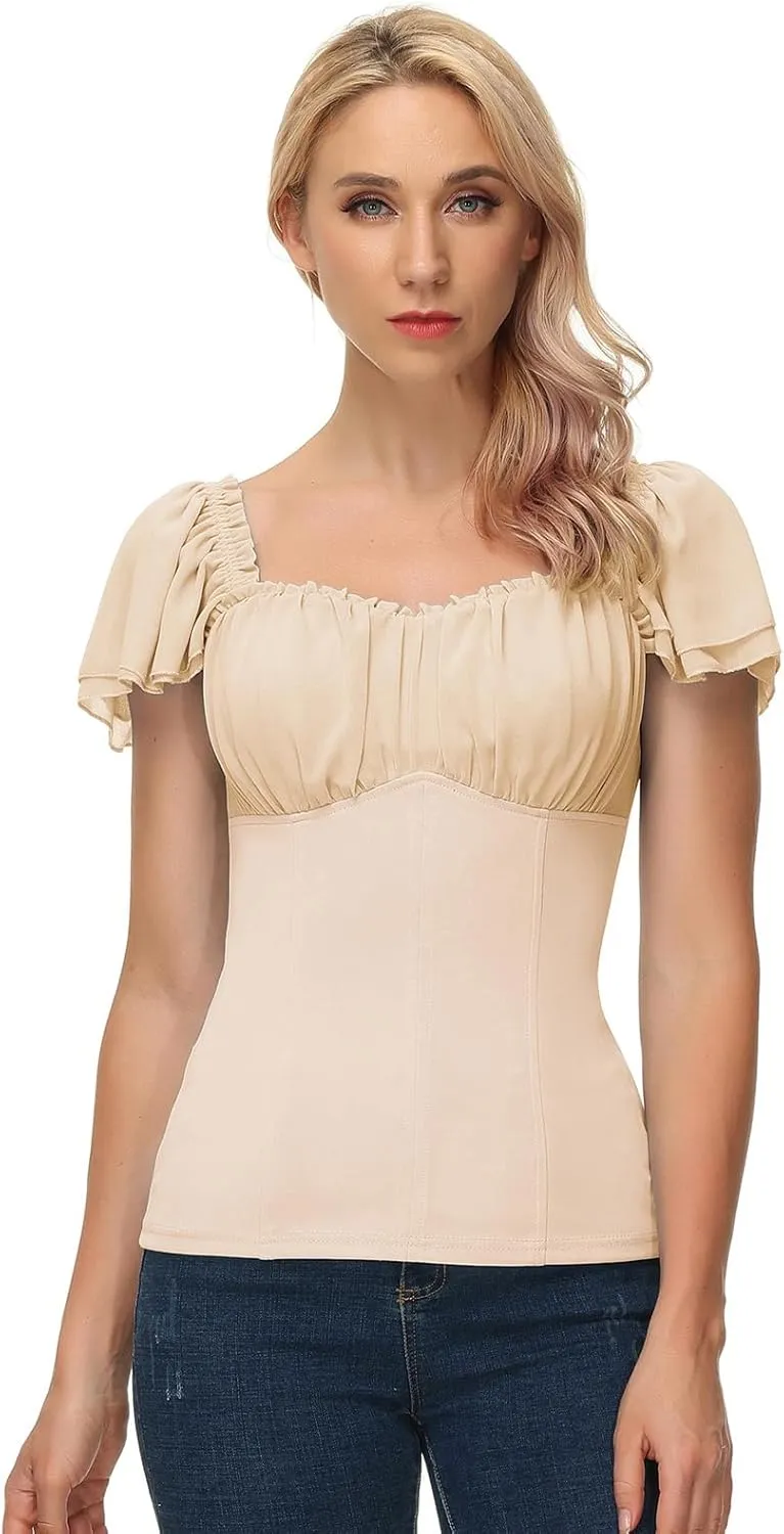 Scarlet Darkness Women Renaissance Shirt Off Shoulder Flutter Short Sleeve Top Summer Square Neck Peasant Blouse
