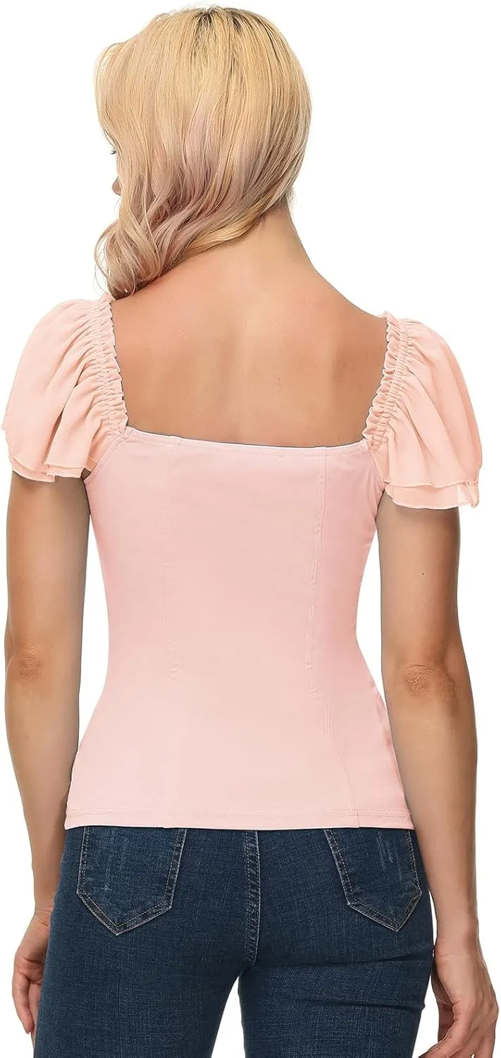 Scarlet Darkness Women Renaissance Shirt Off Shoulder Flutter Short Sleeve Top Summer Square Neck Peasant Blouse