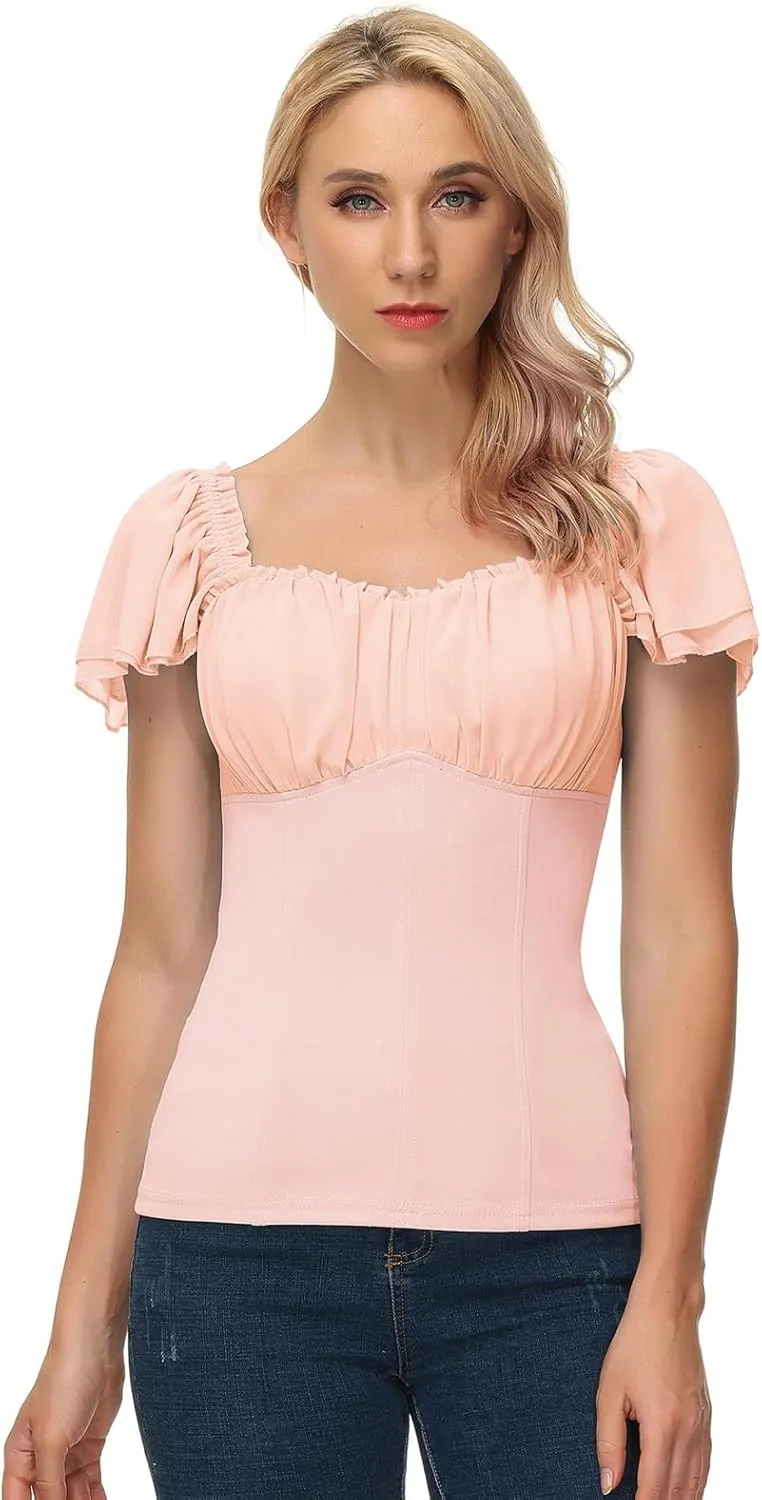 Scarlet Darkness Women Renaissance Shirt Off Shoulder Flutter Short Sleeve Top Summer Square Neck Peasant Blouse