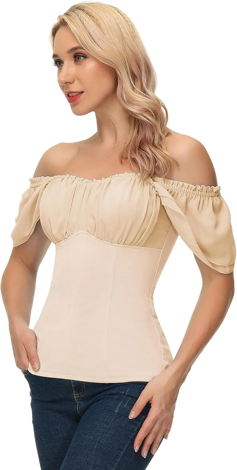 Scarlet Darkness Women Renaissance Shirt Off Shoulder Flutter Short Sleeve Top Summer Square Neck Peasant Blouse