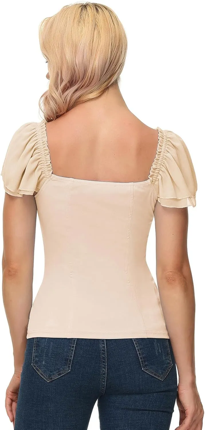 Scarlet Darkness Women Renaissance Shirt Off Shoulder Flutter Short Sleeve Top Summer Square Neck Peasant Blouse