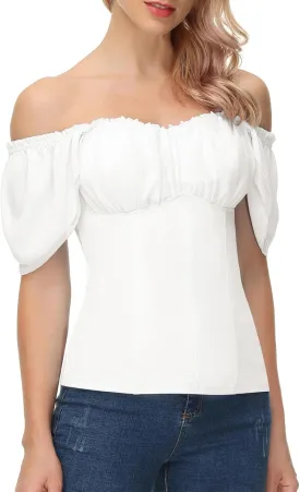 Scarlet Darkness Women Renaissance Shirt Off Shoulder Flutter Short Sleeve Top Summer Square Neck Peasant Blouse
