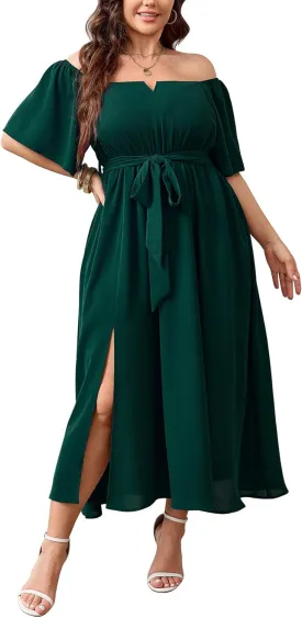 SCOMCHIC Womens Plus Size Formal Maxi Dress Off The Shoulder Wedding Guest Cocktail A-Line Split Long Dress with Pockets