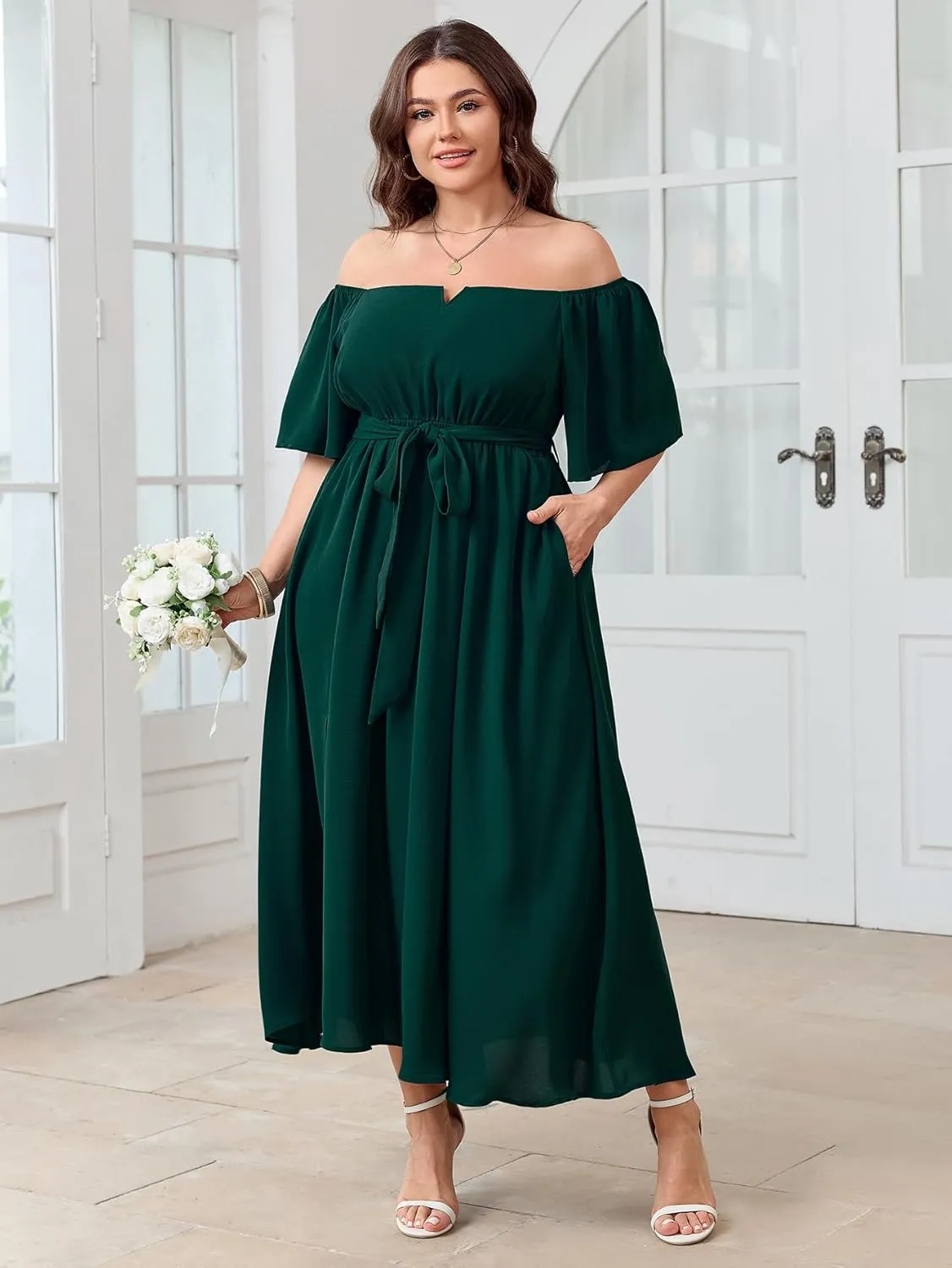 SCOMCHIC Womens Plus Size Formal Maxi Dress Off The Shoulder Wedding Guest Cocktail A-Line Split Long Dress with Pockets