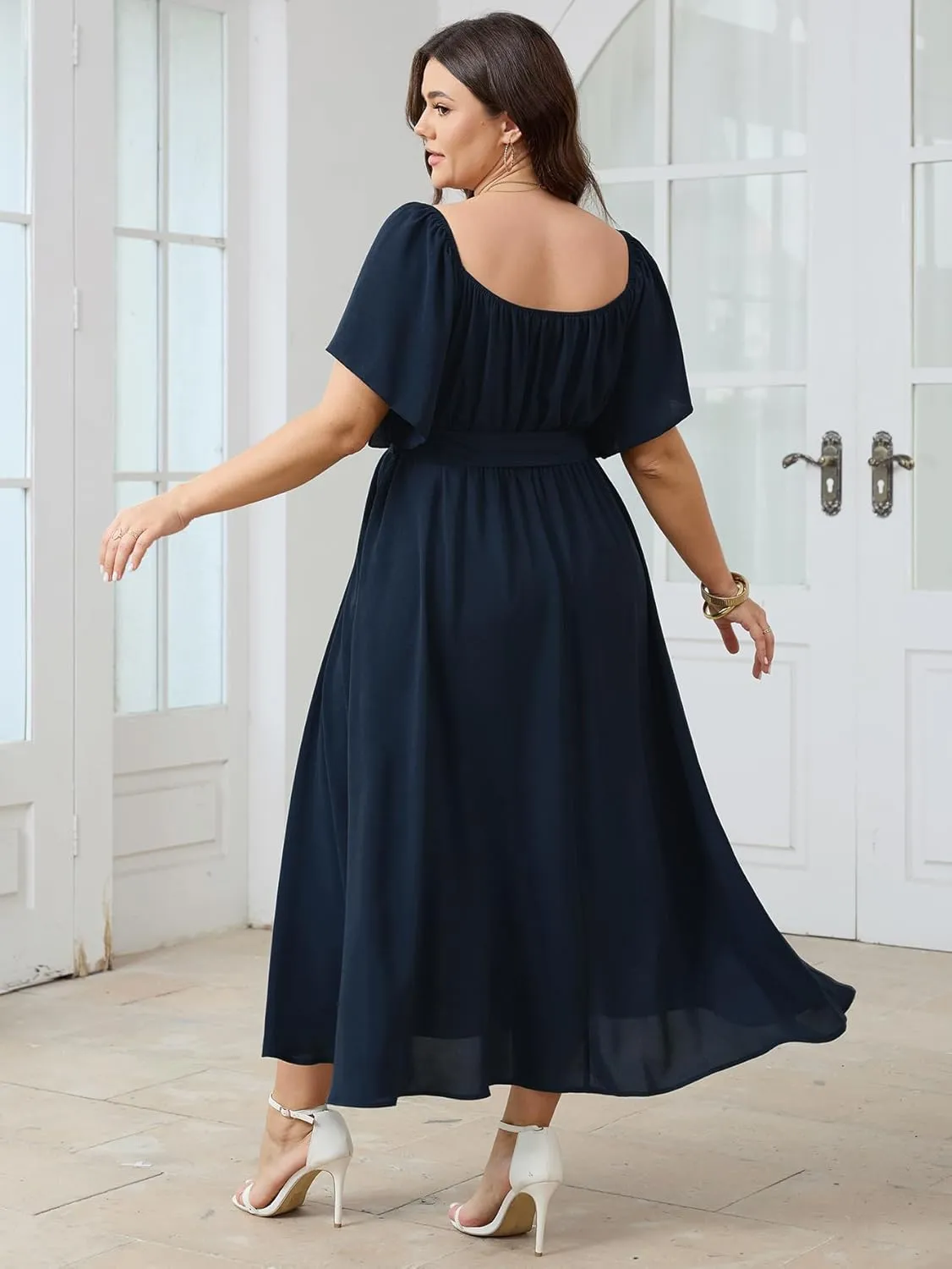 SCOMCHIC Womens Plus Size Formal Maxi Dress Off The Shoulder Wedding Guest Cocktail A-Line Split Long Dress with Pockets