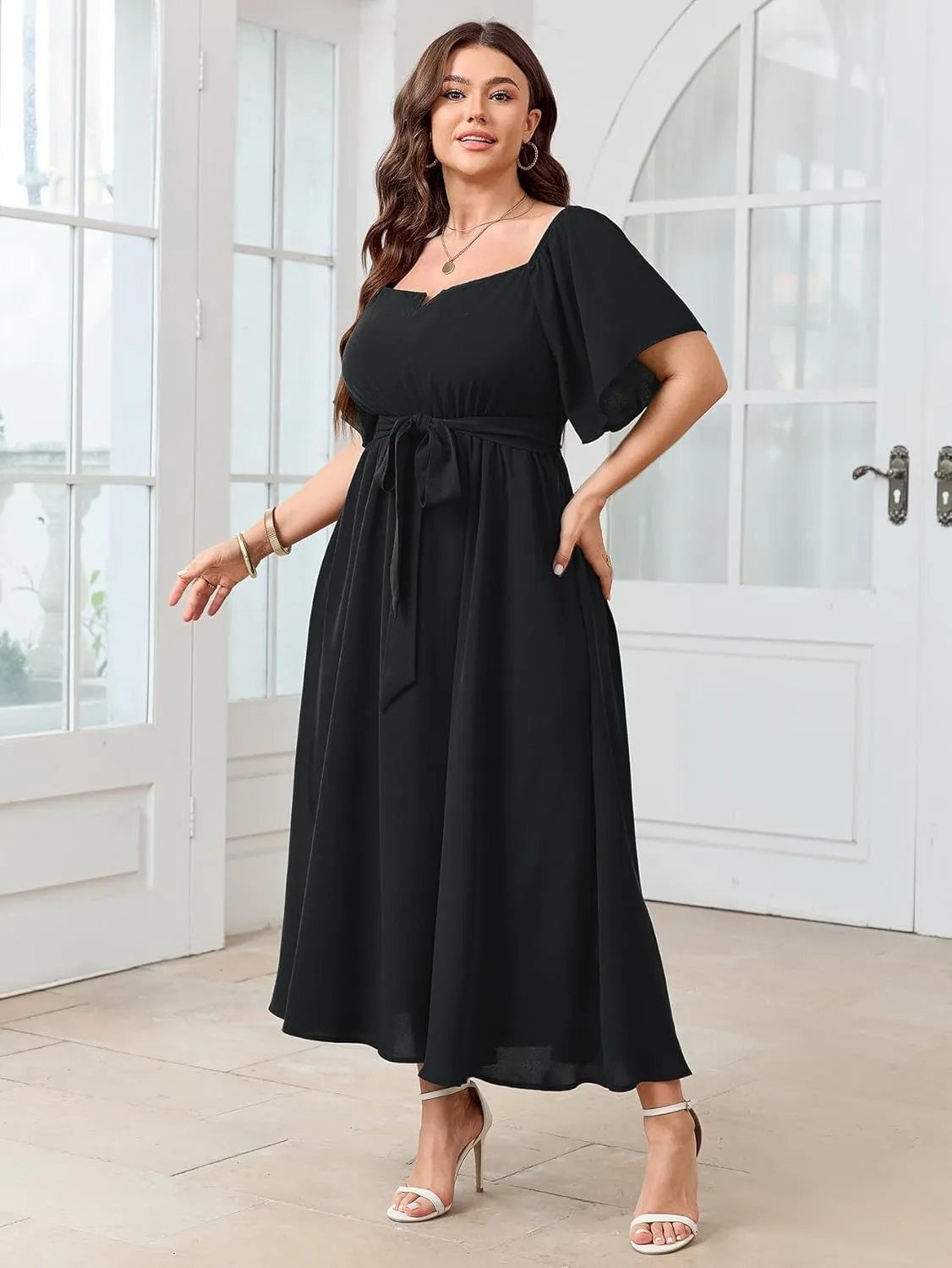 SCOMCHIC Womens Plus Size Formal Maxi Dress Off The Shoulder Wedding Guest Cocktail A-Line Split Long Dress with Pockets