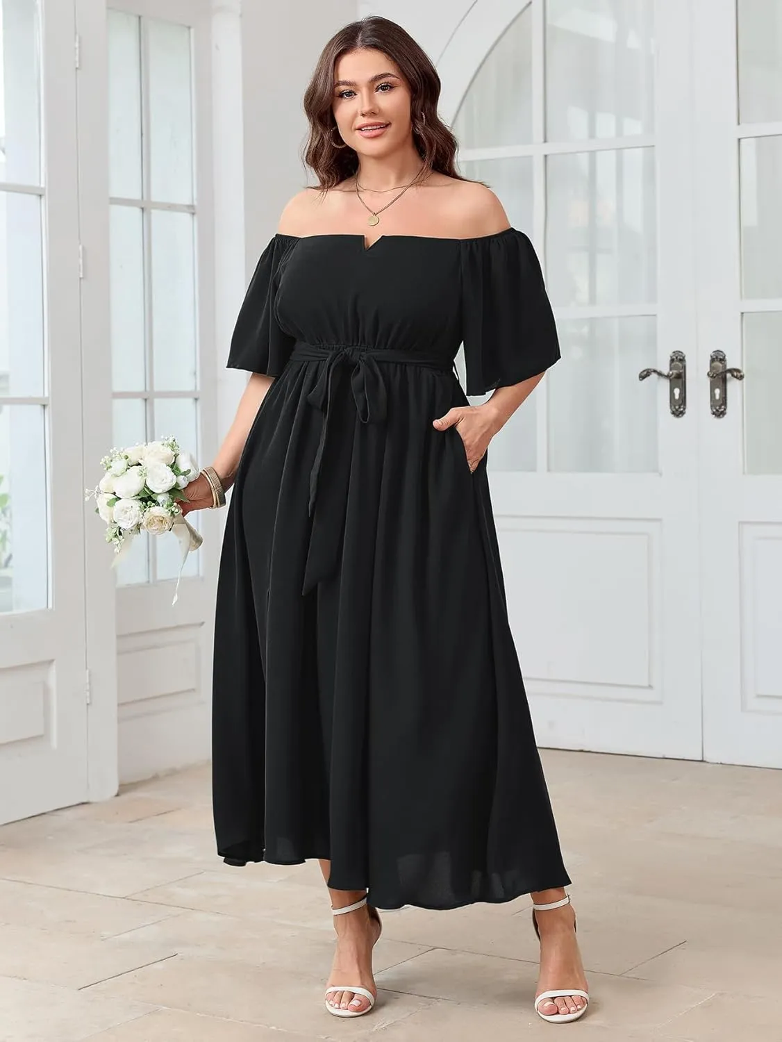 SCOMCHIC Womens Plus Size Formal Maxi Dress Off The Shoulder Wedding Guest Cocktail A-Line Split Long Dress with Pockets