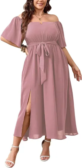 SCOMCHIC Womens Plus Size Formal Maxi Dress Off The Shoulder Wedding Guest Cocktail A-Line Split Long Dress with Pockets