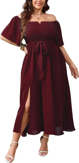 SCOMCHIC Womens Plus Size Formal Maxi Dress Off The Shoulder Wedding Guest Cocktail A-Line Split Long Dress with Pockets